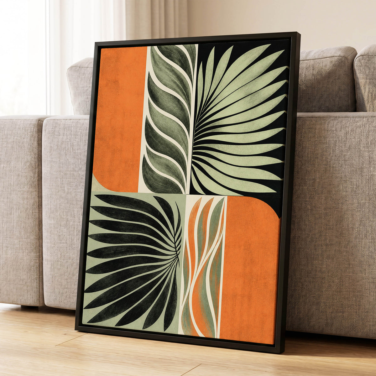 Palm Frond Rhythm, green, black, beige nature wall art displayed in a styled interior, gallery view 8