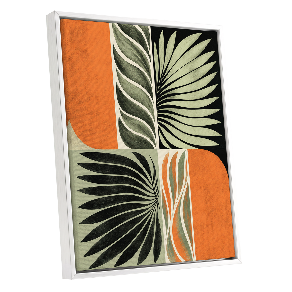 Palm Frond Rhythm, green, black, beige nature wall art shown as a white framed canvas wall art