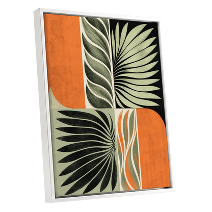 Palm Frond Rhythm, green, black, beige nature wall art shown as a white framed canvas wall art