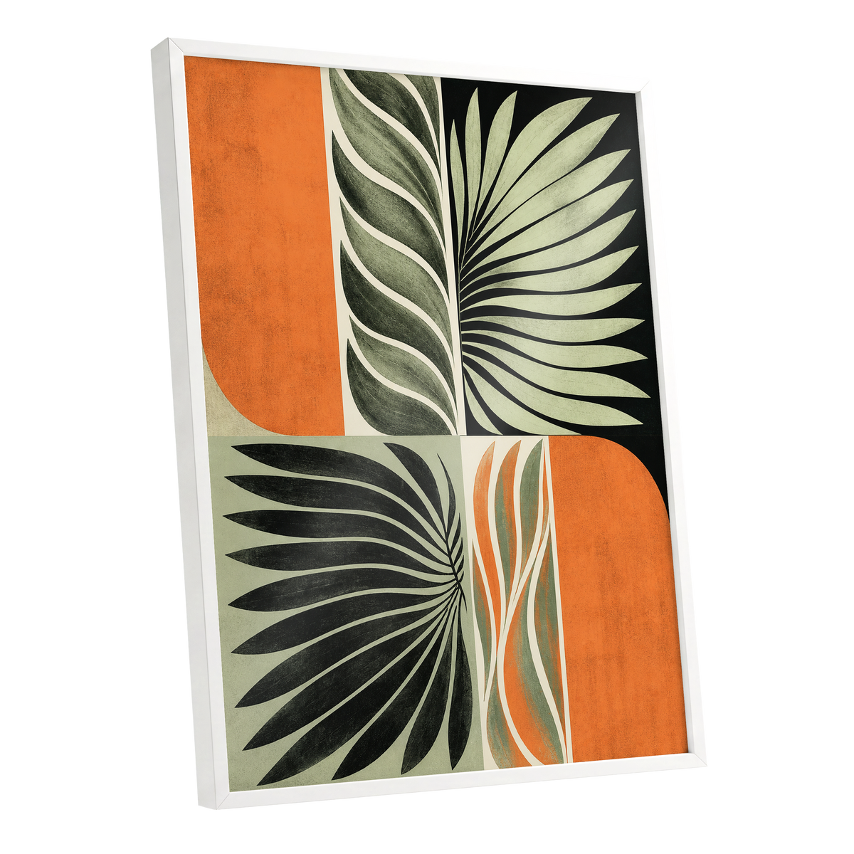 Palm Frond Rhythm, green, black, beige nature wall art shown as a white framed poster wall art print