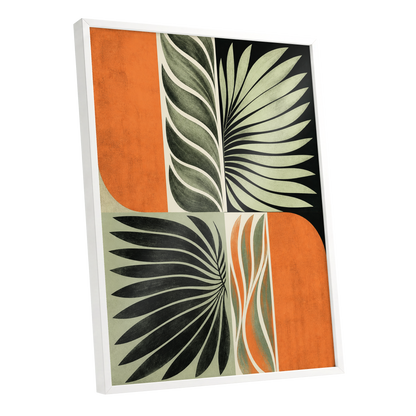 Palm Frond Rhythm, green, black, beige nature wall art shown as a white framed poster wall art print