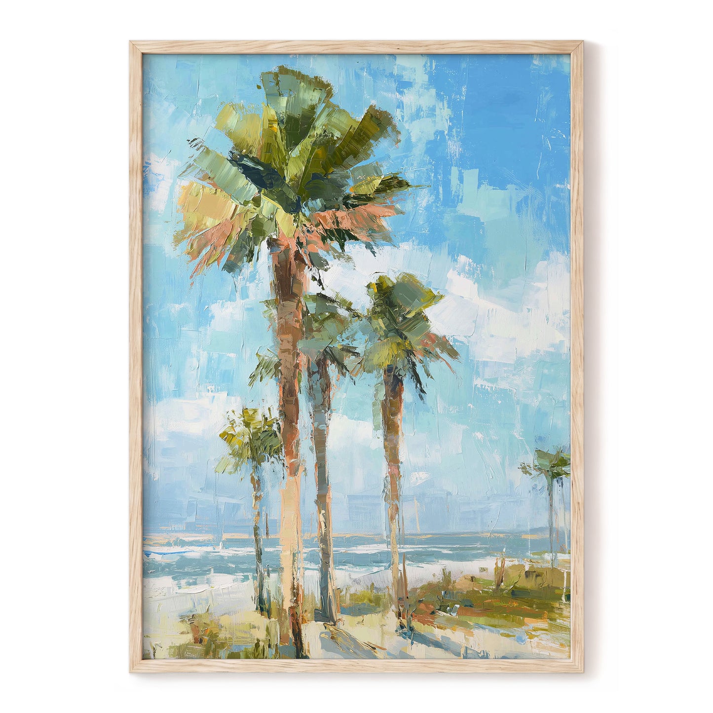Palm Light Reverie – blue, green, beige nature wall art, front view
