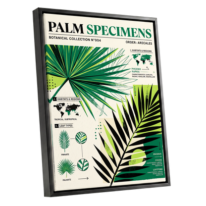Palm Specimen Archive, green, black, beige nature wall art shown as a black framed canvas wall art