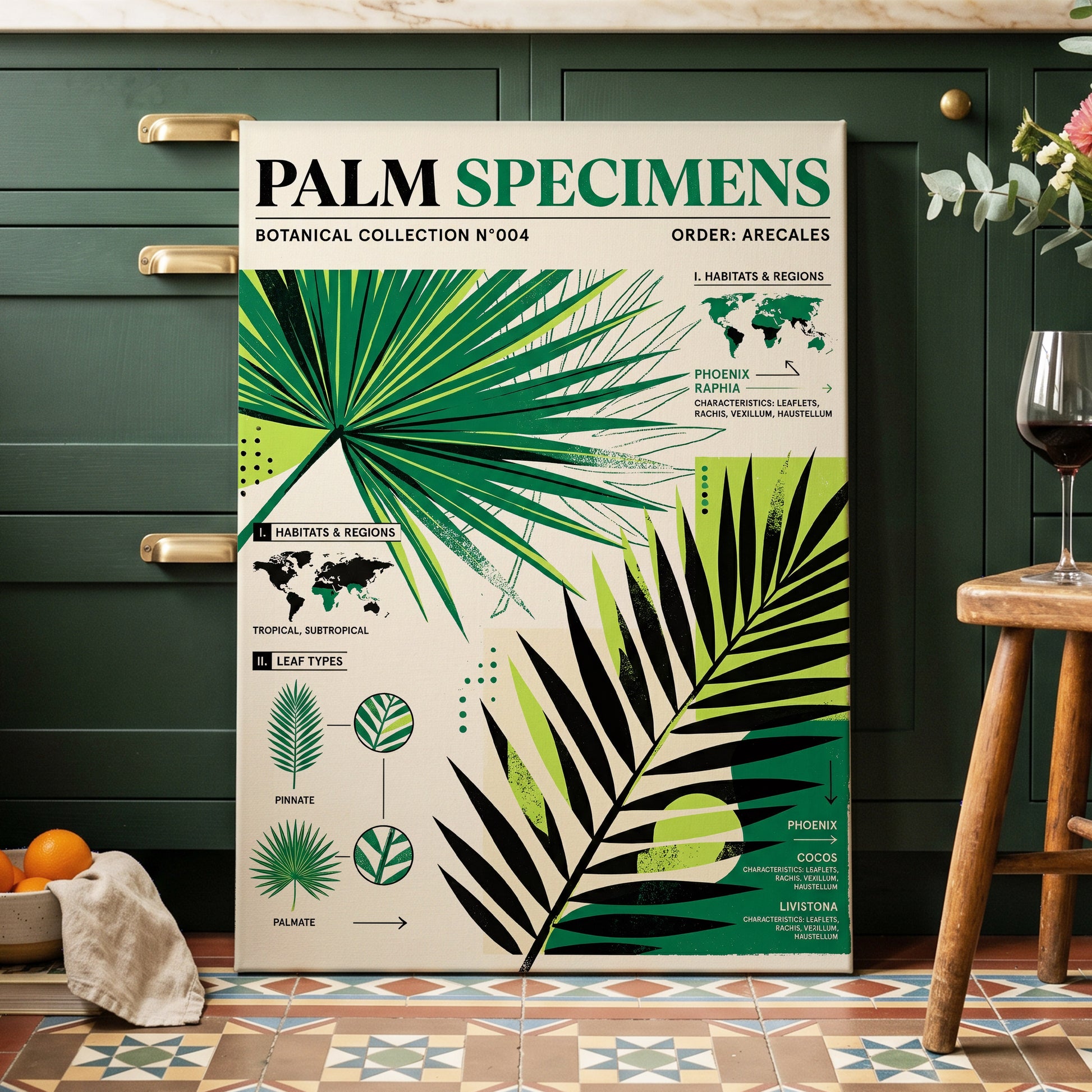 Palm Specimen Archive, green, black, beige nature wall art on canvas displayed in a styled interior, gallery view 1