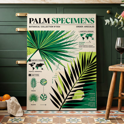 Palm Specimen Archive, green, black, beige nature wall art on canvas displayed in a styled interior, gallery view 1