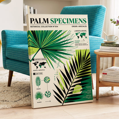Palm Specimen Archive, green, black, beige nature wall art on canvas displayed in a styled interior, gallery view 2