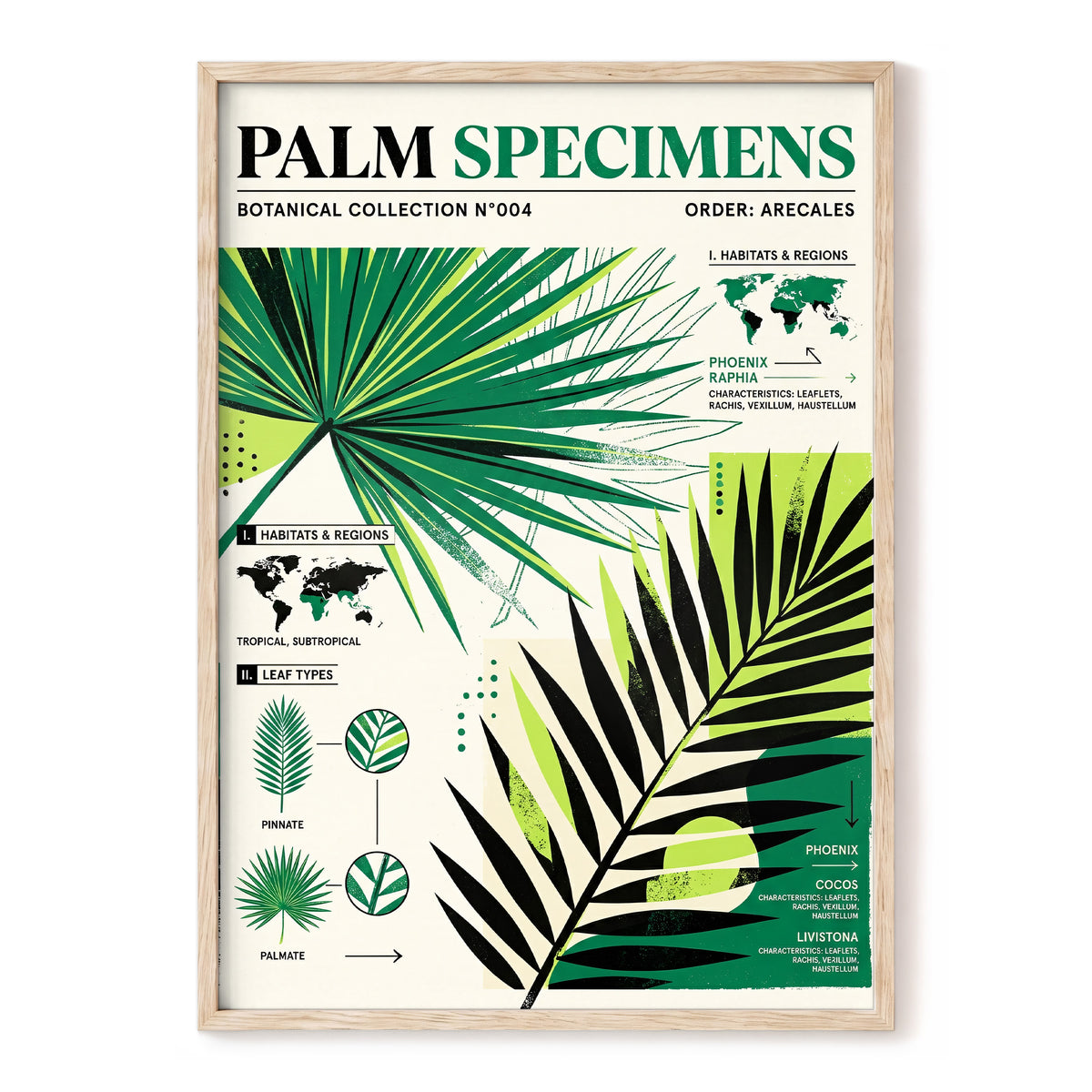 Palm Specimen Archive, green, black, beige nature wall art, front artwork view