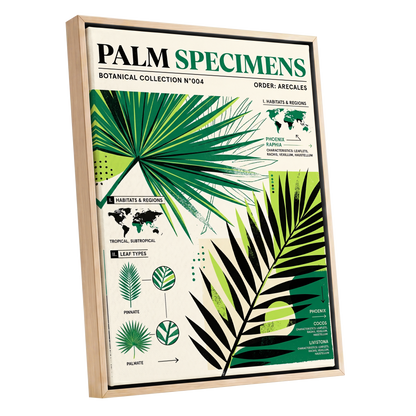 Palm Specimen Archive, green, black, beige nature wall art shown as a oak framed canvas wall art