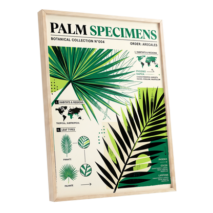 Palm Specimen Archive, green, black, beige nature wall art shown as a oak framed poster wall art print