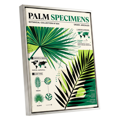 Palm Specimen Archive, green, black, beige nature wall art shown as a silver framed canvas wall art