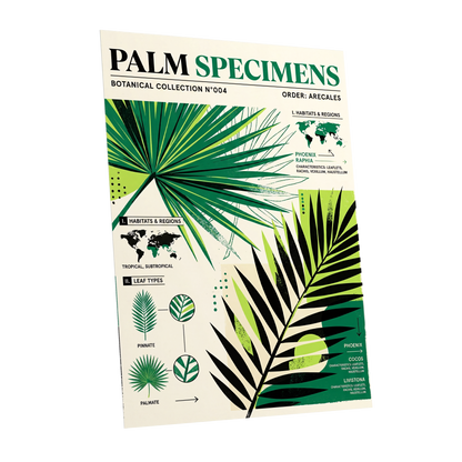 Palm Specimen Archive, green, black, beige nature wall art shown as a unframed poster wall art print
