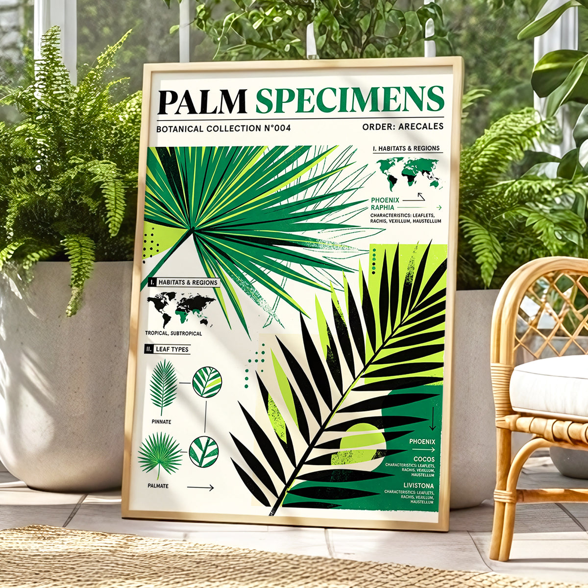 Palm Specimen Archive, green, black, beige nature wall art displayed in a styled interior, gallery view 1