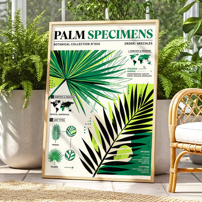 Palm Specimen Archive, green, black, beige nature wall art displayed in a styled interior, gallery view 1