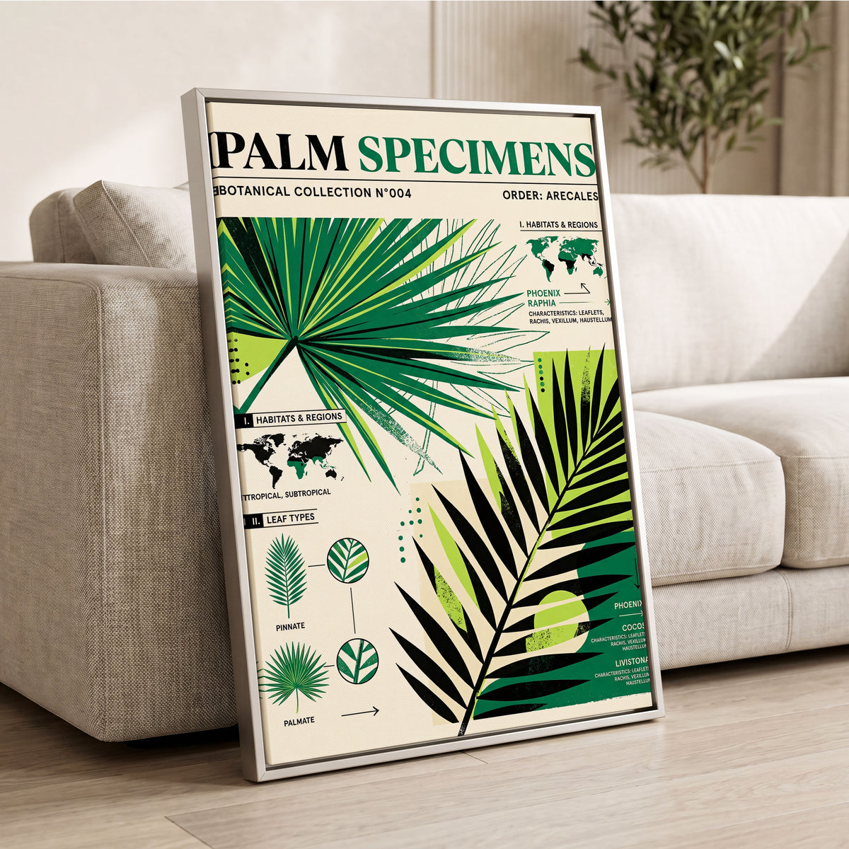 Palm Specimen Archive, green, black, beige nature wall art displayed in a styled interior, gallery view 2