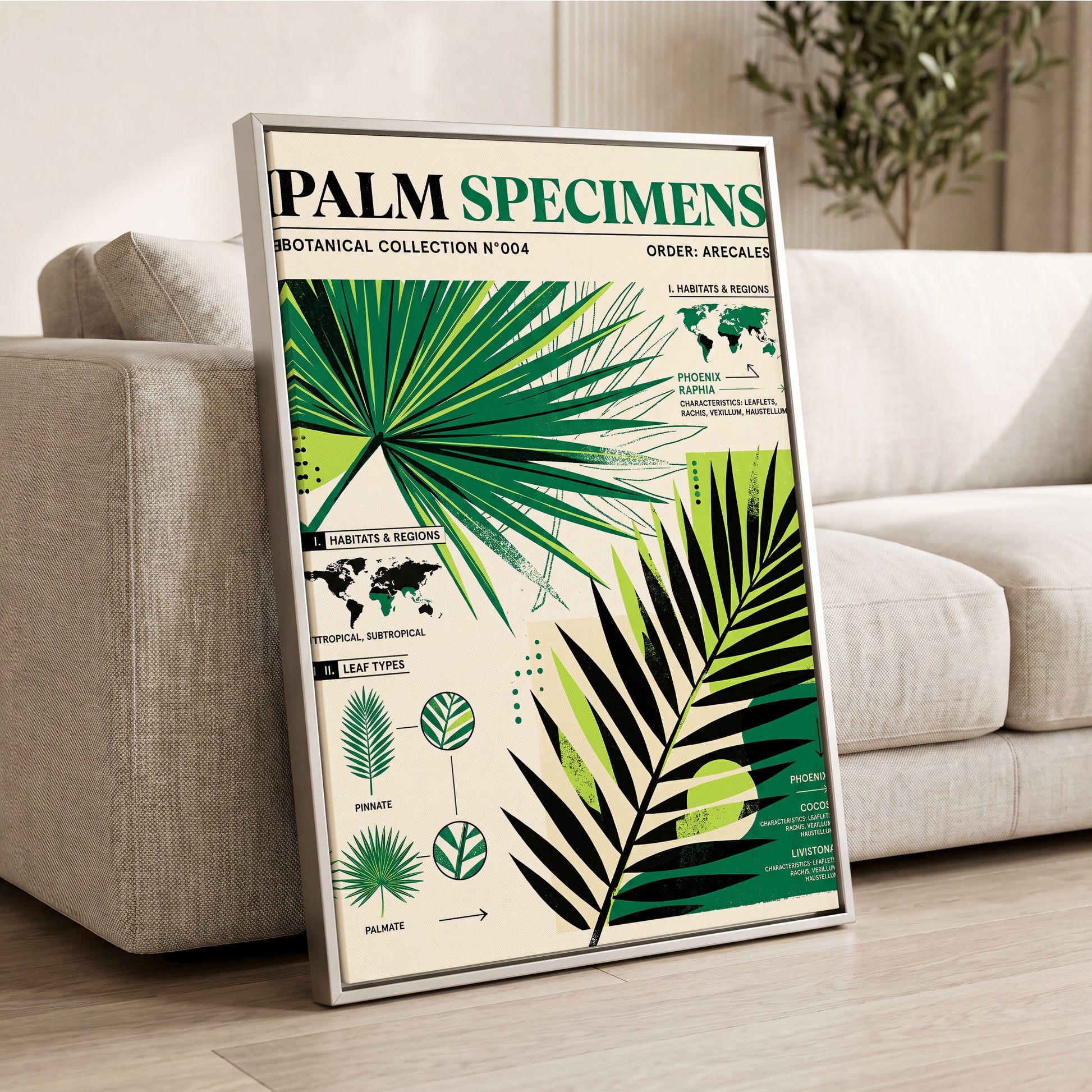 Palm Specimen Archive, green, black, beige nature wall art displayed in a styled interior, gallery view 2