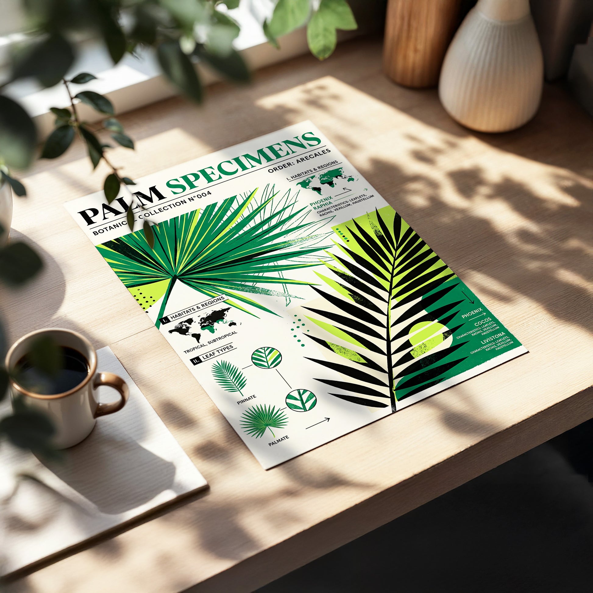Palm Specimen Archive, green, black, beige nature wall art displayed in a styled interior, gallery view 3