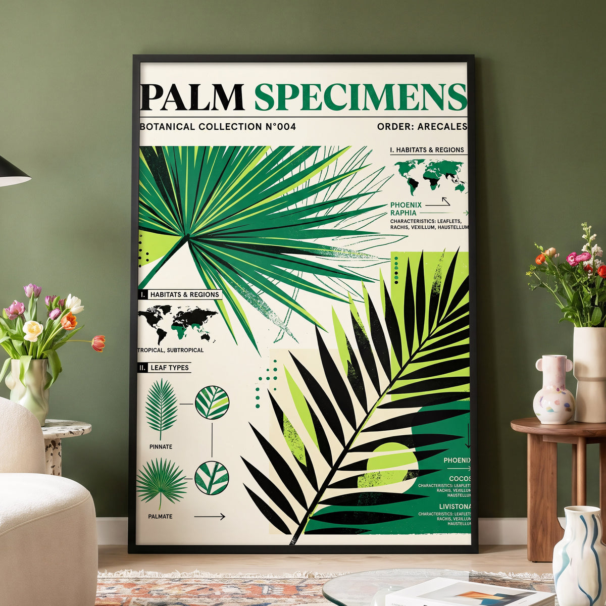 Palm Specimen Archive, green, black, beige nature wall art displayed in a styled interior, gallery view 4
