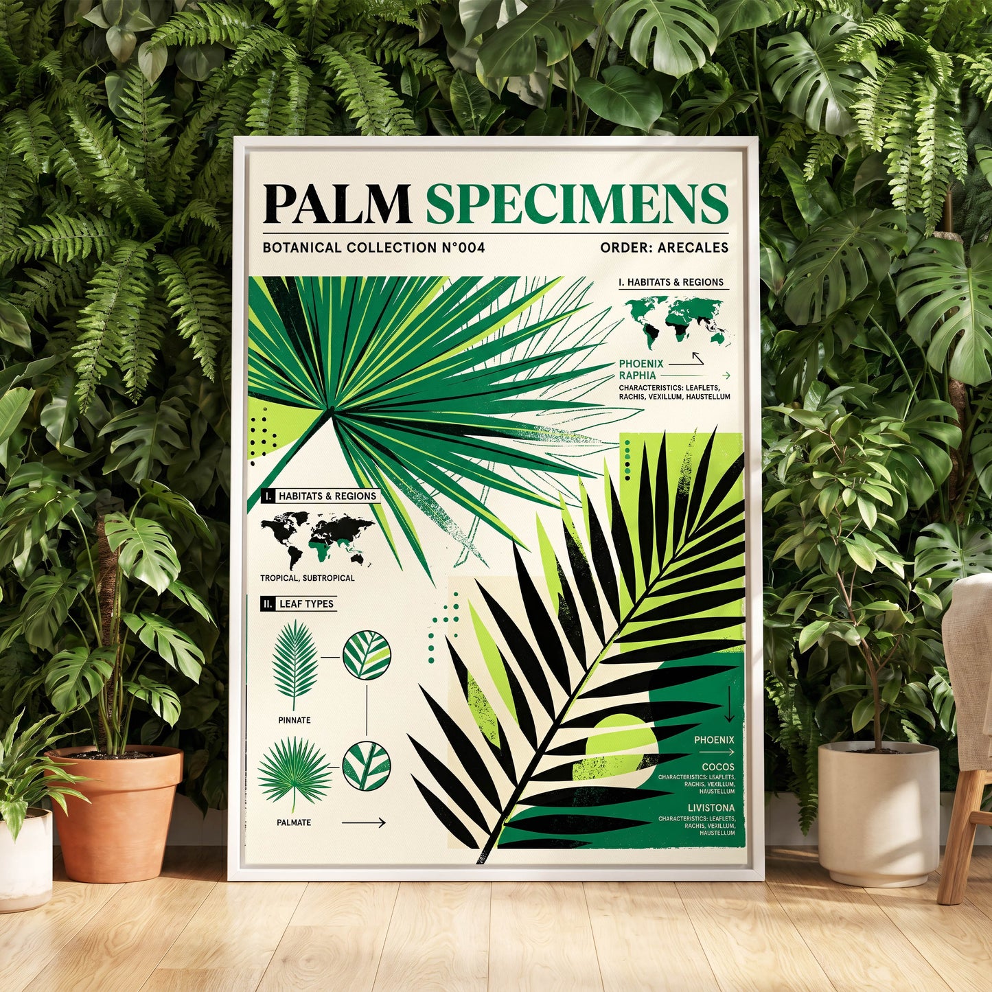 Palm Specimen Archive, green, black, beige nature wall art displayed in a styled interior, gallery view 5