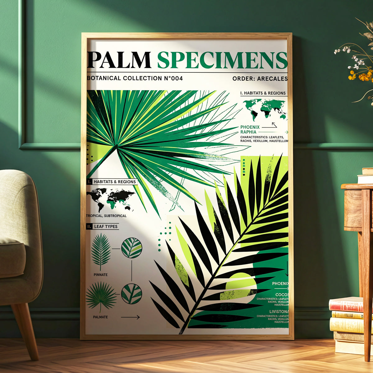Palm Specimen Archive, green, black, beige nature wall art displayed in a styled interior, gallery view 6