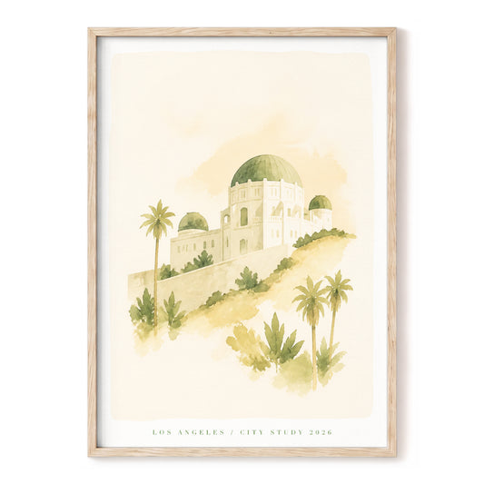 Palms Above Los Angeles, green, beige, white nature wall art, front artwork view