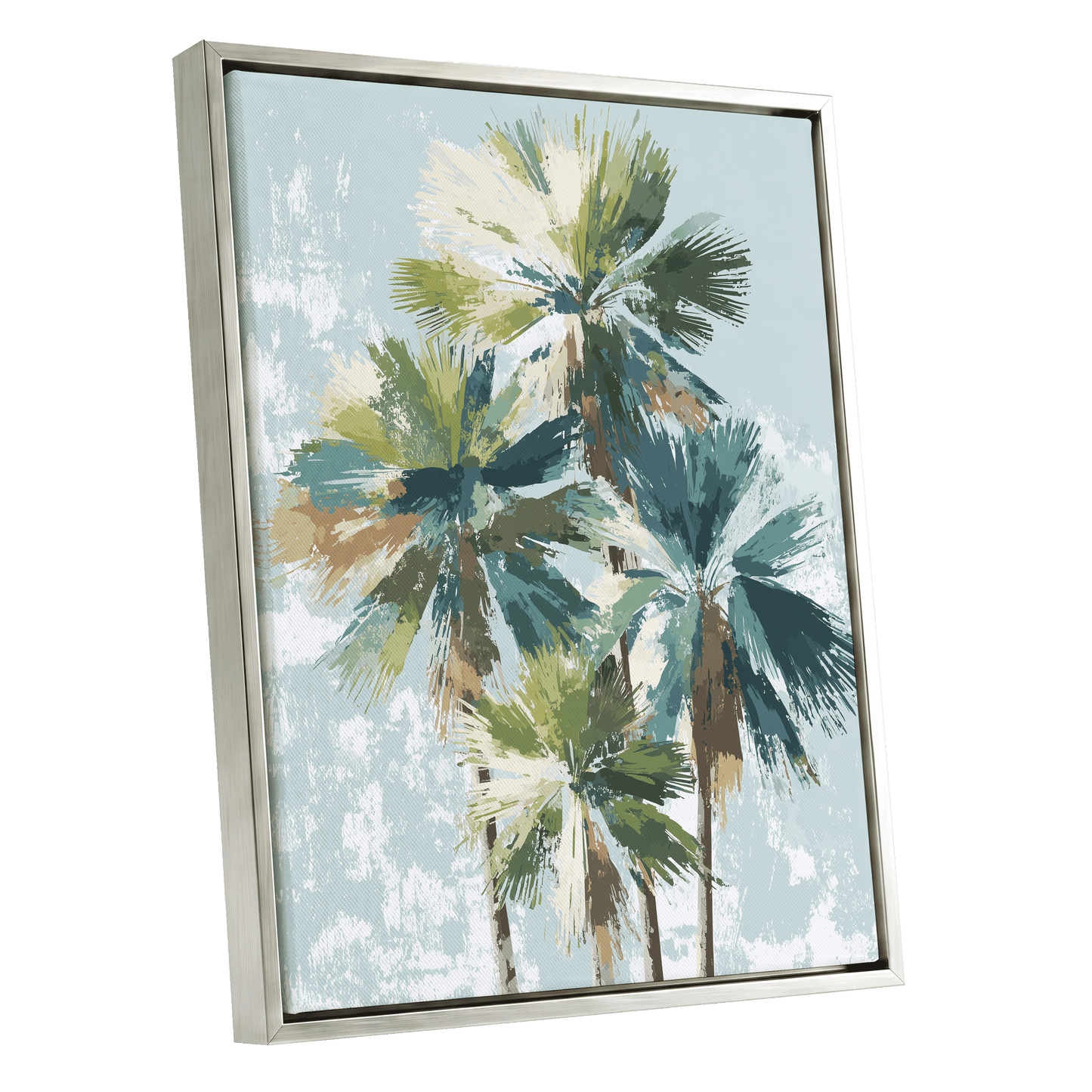 Palms in Coastal Light – silver framed canvas option
