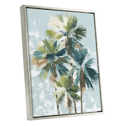 Palms in Coastal Light – silver framed canvas option