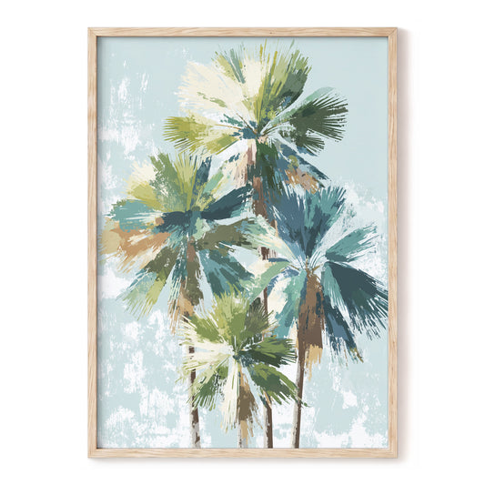 Palms in Coastal Light – blue, green, white nature wall art, front view