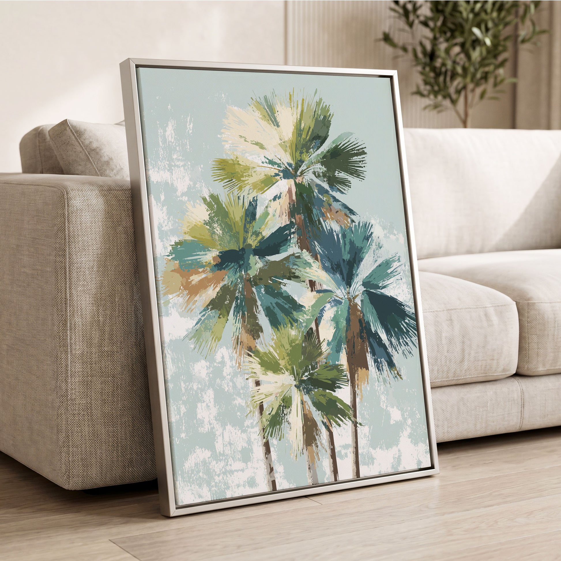 Palms in Coastal Light – wall art displayed in a styled interior, gallery view 2