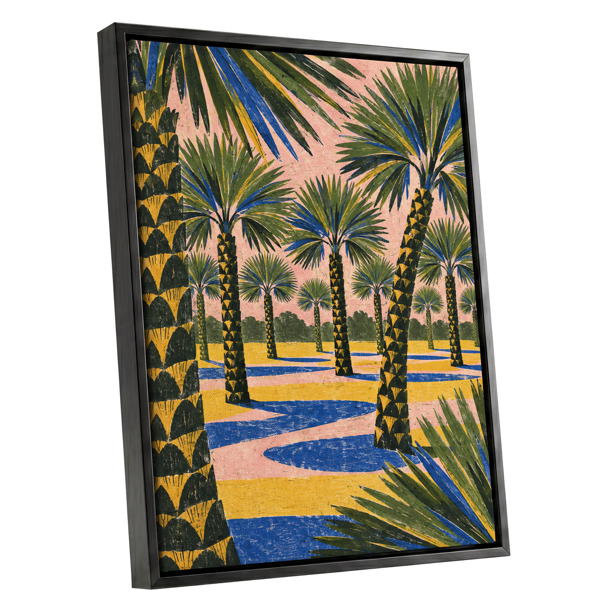 Palms in Pink, green, pink, blue nature wall art shown as a black framed canvas wall art