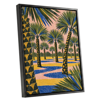 Palms in Pink, green, pink, blue nature wall art shown as a black framed canvas wall art