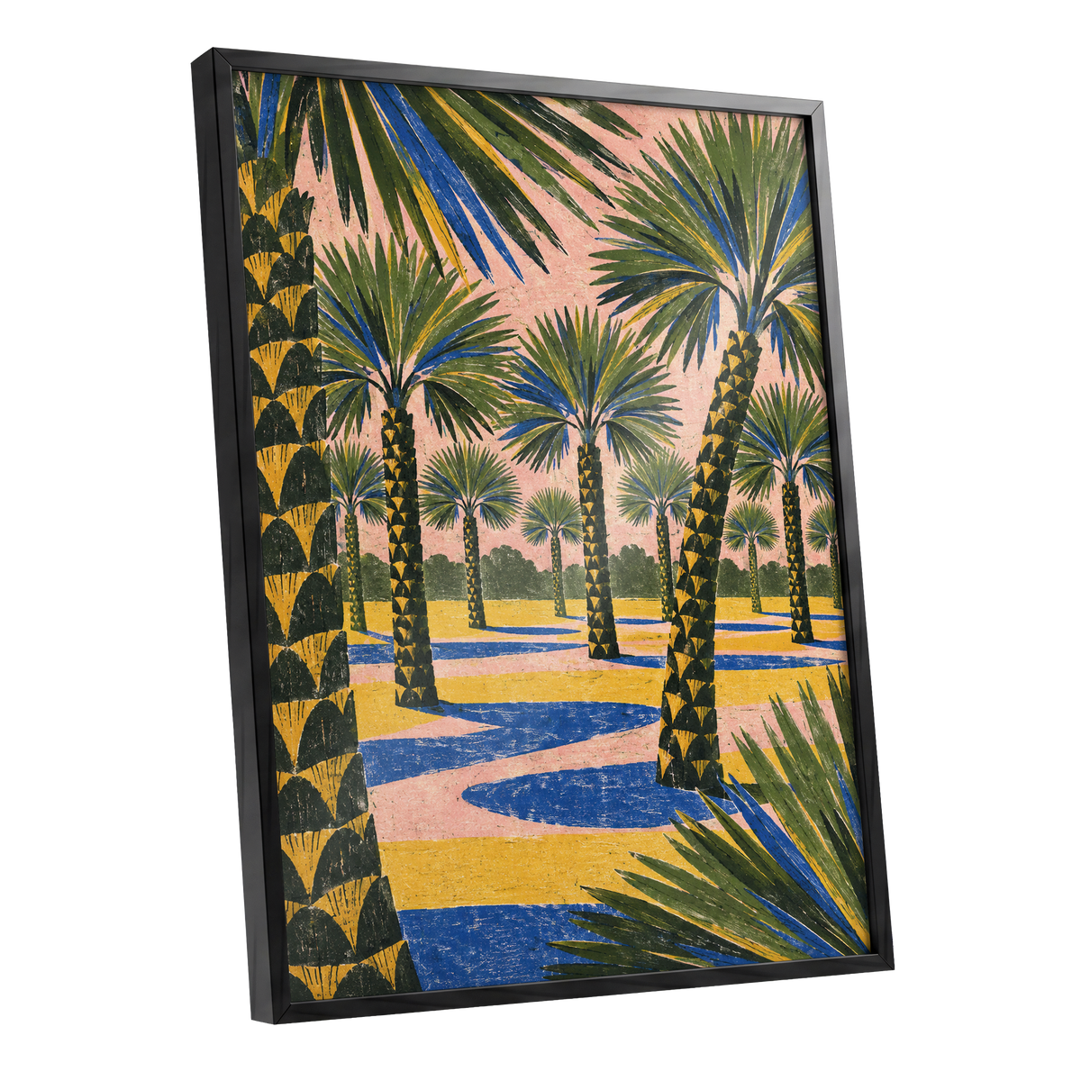 Palms in Pink, green, pink, blue nature wall art shown as a black framed poster wall art print