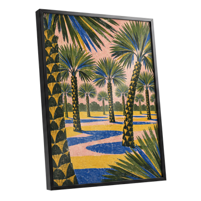 Palms in Pink, green, pink, blue nature wall art shown as a black framed poster wall art print