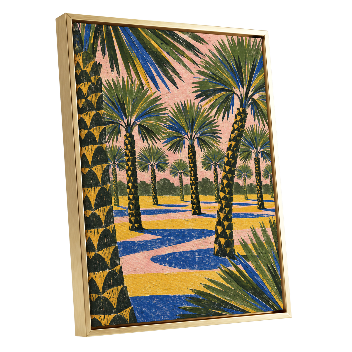Palms in Pink, green, pink, blue nature wall art shown as a gold framed canvas wall art