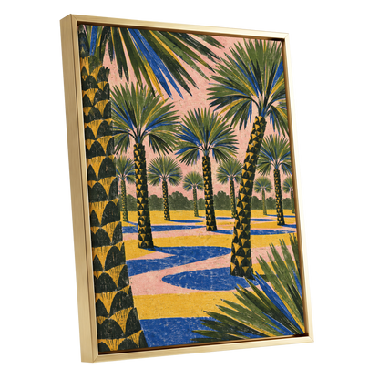 Palms in Pink, green, pink, blue nature wall art shown as a gold framed canvas wall art