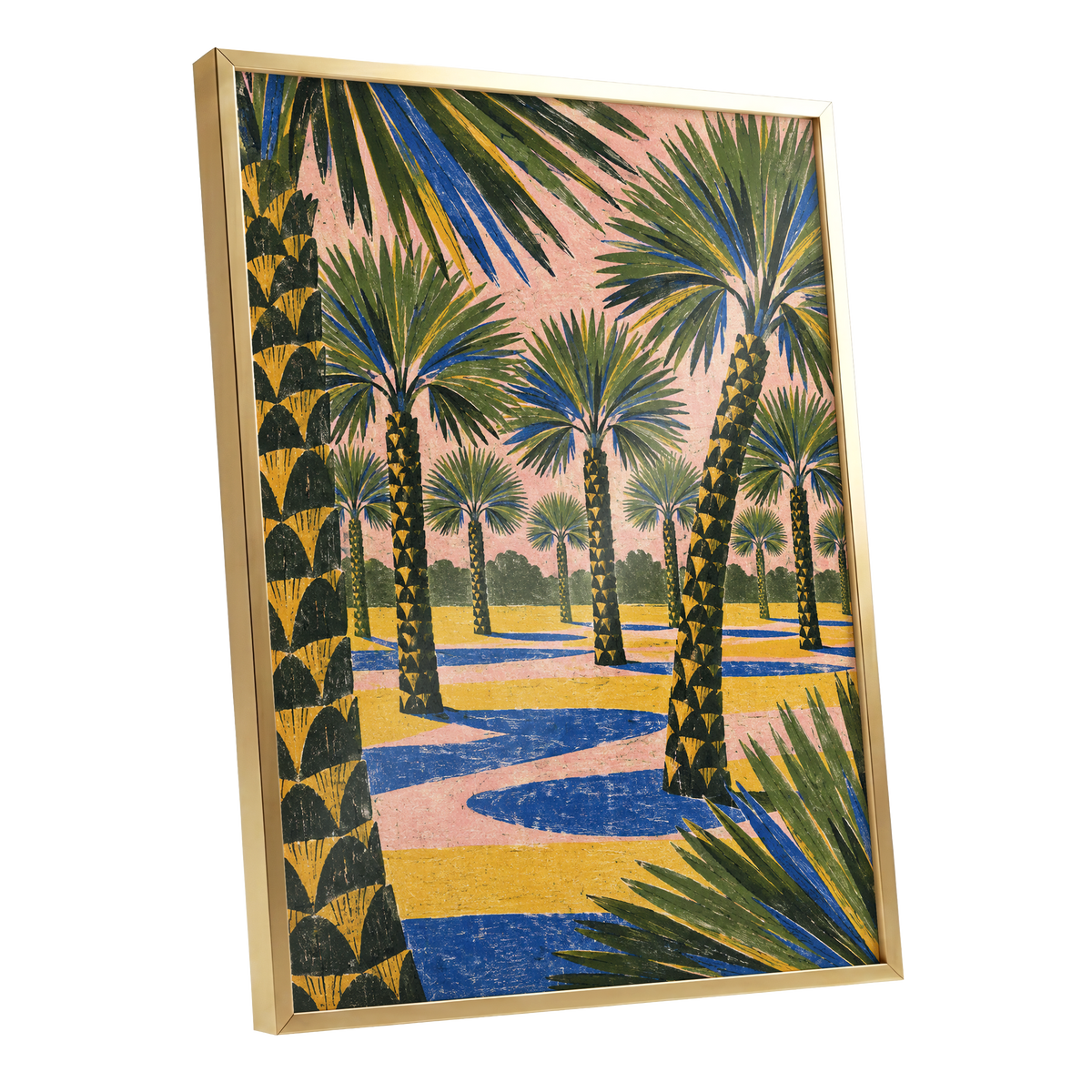 Palms in Pink, green, pink, blue nature wall art shown as a gold framed poster wall art print