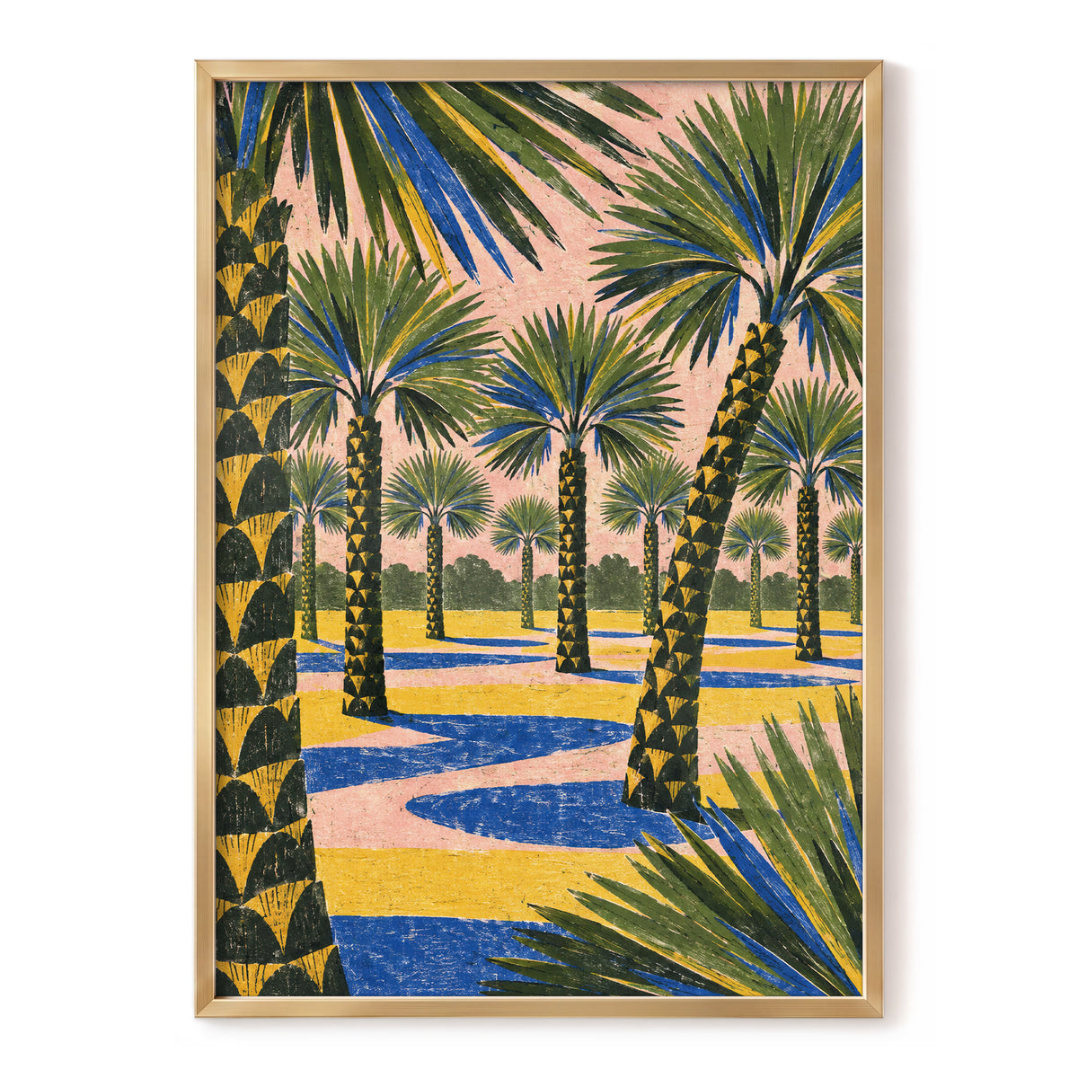 Palms in Pink, green, pink, blue nature wall art, front artwork view