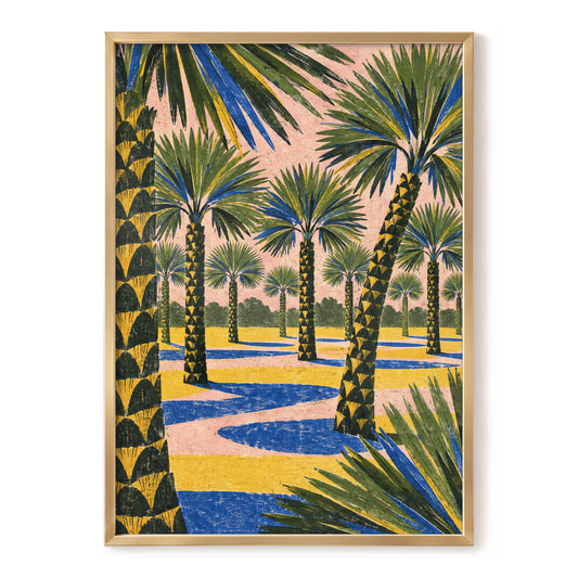 Palms in Pink, green, pink, blue nature wall art, front artwork view