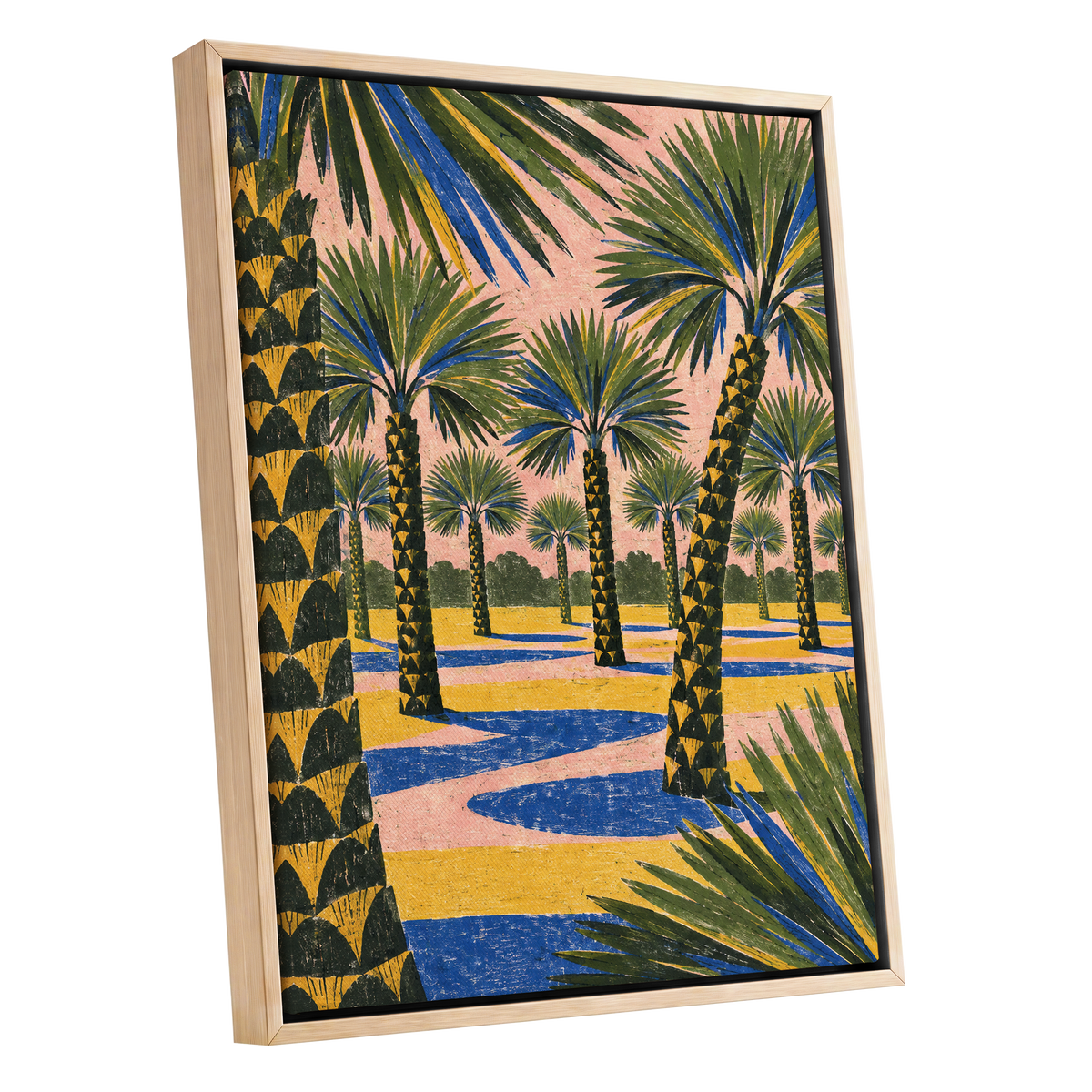 Palms in Pink, green, pink, blue nature wall art shown as a oak framed canvas wall art