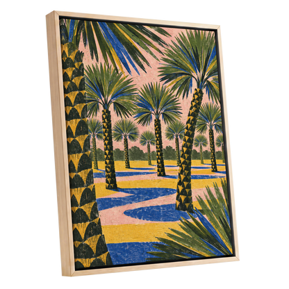 Palms in Pink, green, pink, blue nature wall art shown as a oak framed canvas wall art