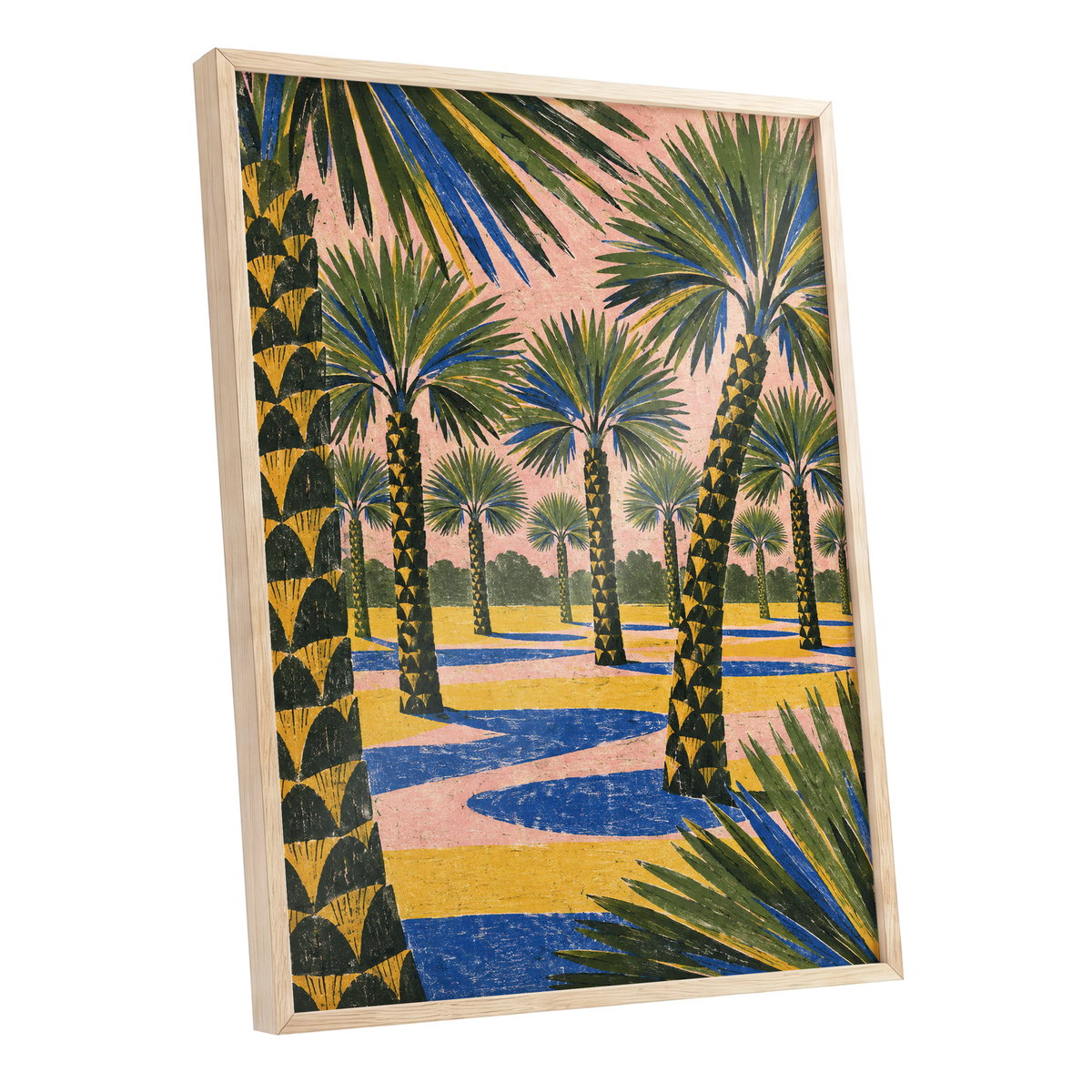 Palms in Pink, green, pink, blue nature wall art shown as a oak framed poster wall art print