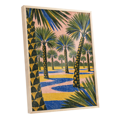 Palms in Pink, green, pink, blue nature wall art shown as a oak framed poster wall art print