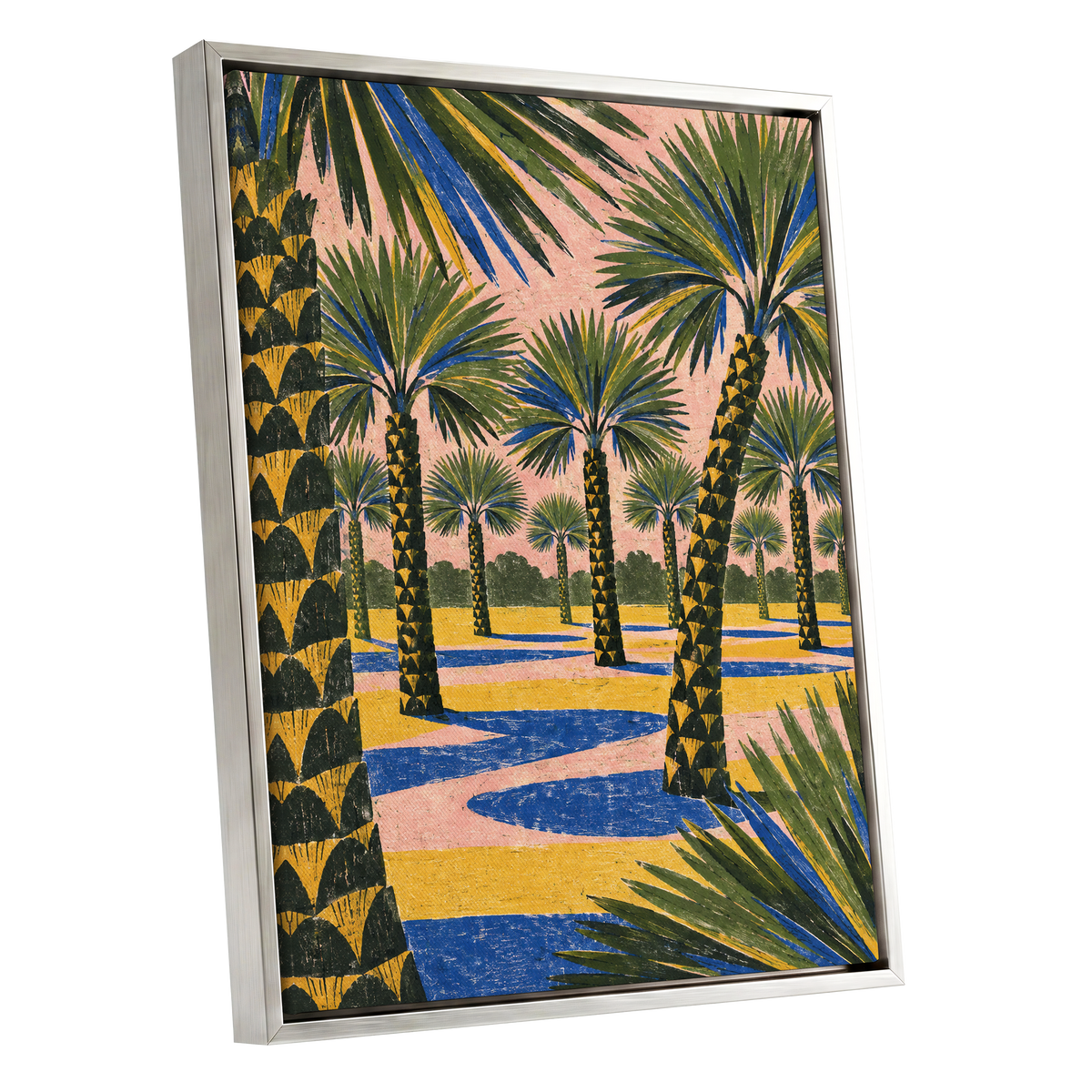 Palms in Pink, green, pink, blue nature wall art shown as a silver framed canvas wall art