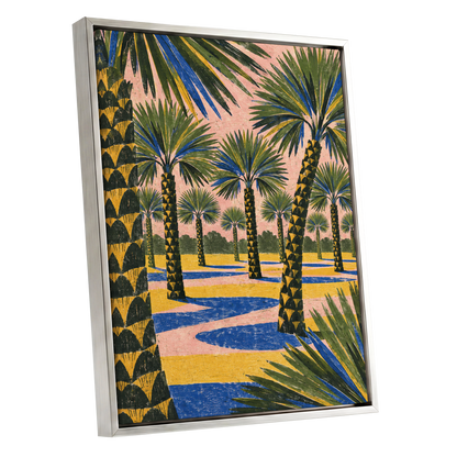 Palms in Pink, green, pink, blue nature wall art shown as a silver framed canvas wall art