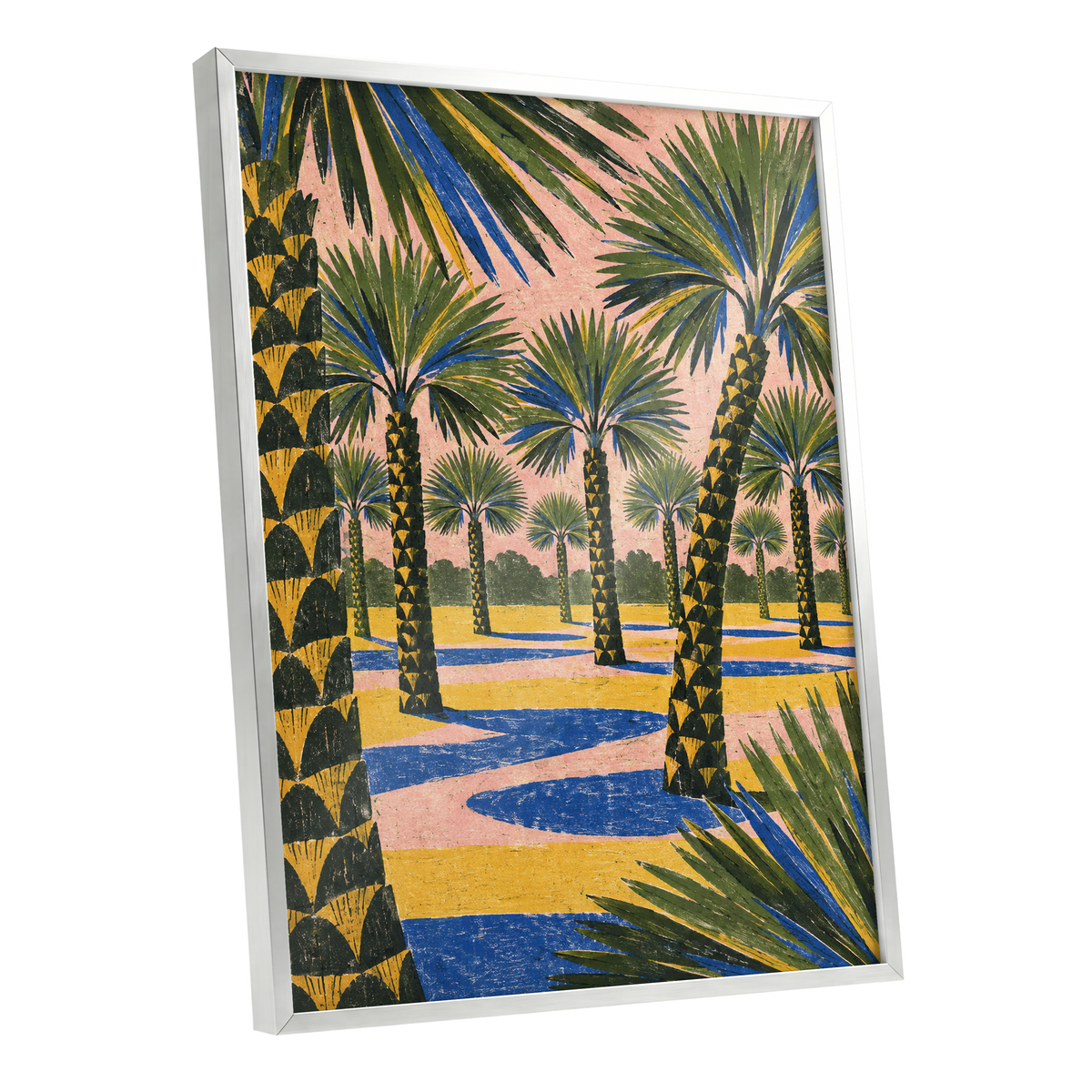 Palms in Pink, green, pink, blue nature wall art shown as a silver framed poster wall art print