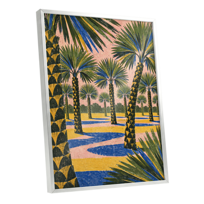 Palms in Pink, green, pink, blue nature wall art shown as a silver framed poster wall art print