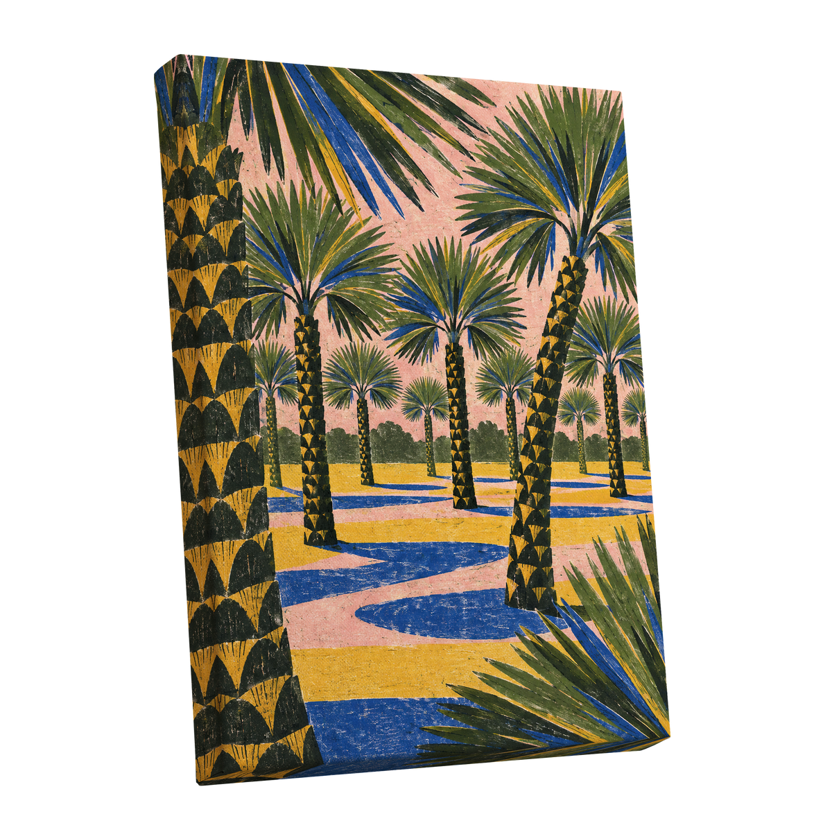 Palms in Pink, green, pink, blue nature wall art shown as a stretched canvas wall art