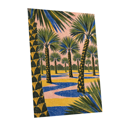 Palms in Pink, green, pink, blue nature wall art shown as a unframed poster wall art print