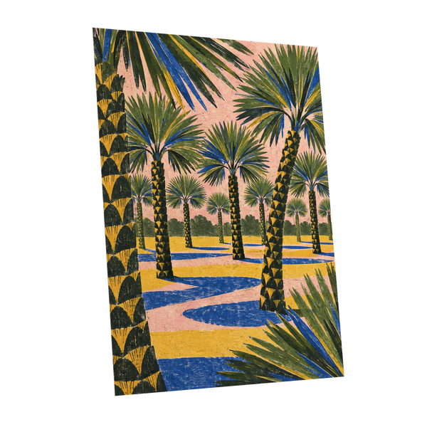 Palms in Pink, green, pink, blue nature wall art shown as a unframed poster wall art print