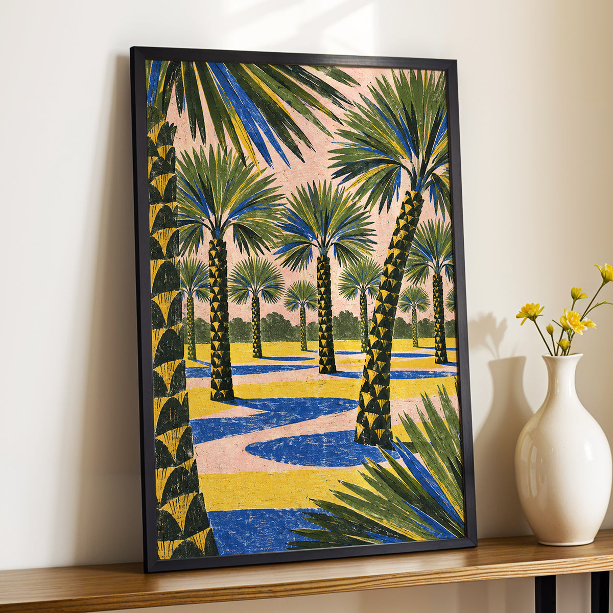 Palms in Pink, green, pink, blue nature wall art displayed in a styled interior, gallery view 2