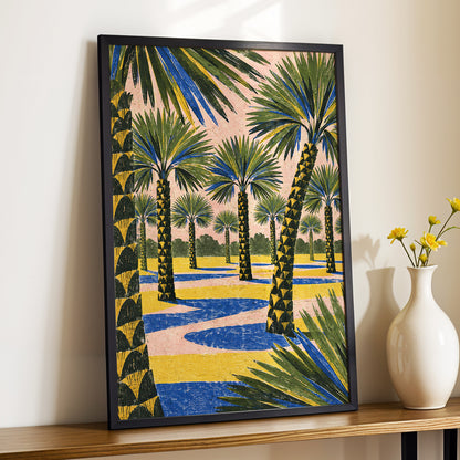 Palms in Pink, green, pink, blue nature wall art displayed in a styled interior, gallery view 2